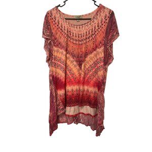 One World Red & Pink Geometric Asymmetrical Hem Tunic Top L Boho
